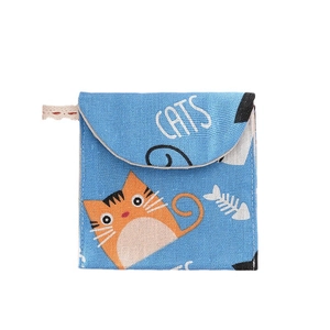 Portable blue sanitary napkin storage bag with cute cat and fish bone pattern