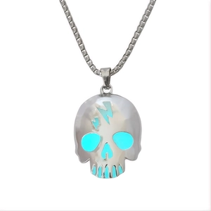 Luminous punk skull pendant necklace with lightning crack and glowing blue accents