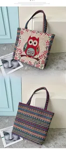 Close-up of embroidered owl tote bag with colorful striped woven patterns and handles
