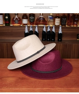 Close-up of wool fedora hats with stylish double-row metal rivet decorative bands