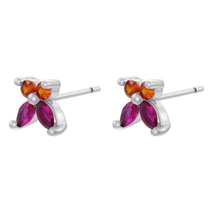 Close-up of silver stud earrings featuring orange and magenta rhinestones on white base