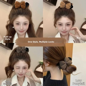 Knitted bow hair claw clip showing various styling options for ponytail and buns