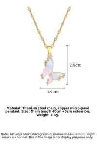 Macro detail of pink butterfly necklace with 40cm titanium steel chain and zircon accents