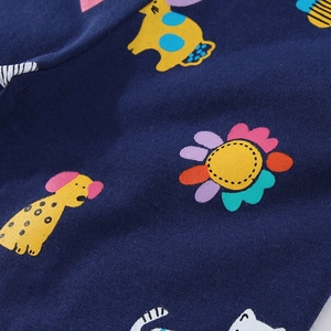 Leggings pour filles en coton bleu foncé avec motifs chiots jaunes et fleurs