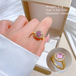 Bague Halo En Zircon Rose Rond Laiton Plaqué Or Bijou De Doigt Ajustable Pour Femme Style Japonais Minimaliste Et Elégant