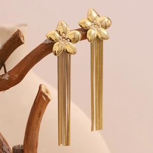 18K gold plated stainless steel flower stud earrings with long metal tassels and pearls