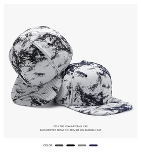 Detail view of 2025 flat brim baseball caps with marble tie-dye print and air vents