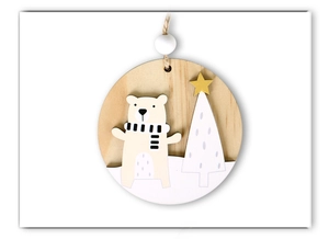 Detailed view of wooden Christmas bear ornament with multi-layered design and hemp rope
