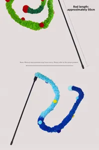 Detail showing two colorful 50cm caterpillar cat teaser wands with soft plush balls