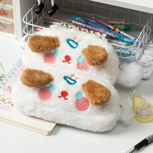 Paire de trousses à maquillage et à crayons en peluche blanche douce avec motif chien mignon