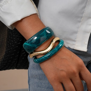 Acrylic Marble Texture Open Bangle Bracelet Dark Green Geometric Retro Minimalist Jewelry For Women
