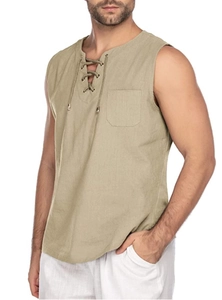 Detail of khaki cotton linen men's tank top with lace-up V-neck and chest pocket