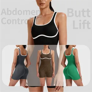Seamless athletic bodysuit for women with rib-knit texture and contrast piping trim