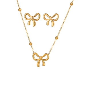 Elegant gold bow pendant necklace and stud earrings jewelry set for women