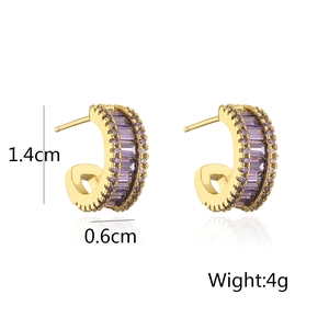 Detailed view of 18K gold plated C-shape earrings with purple zircon measuring 1.4cm