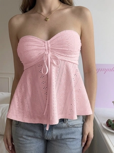 Pink eyelet embroidery tube top with drawstring front and ruffled hem for women