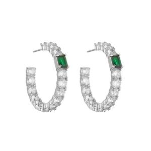 Silver C-shaped earrings with white cubic zirconia and emerald green rectangular gemstones