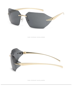 Dual-view of rimless sunglasses with dark gray lenses and golden metal temples