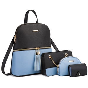 4-piece stylish backpack set including crossbody bag, clutch, and card holder in black and blue