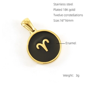 Detail of 18K gold plated stainless steel Aries pendant with black enamel finish