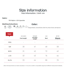 Size chart for yoga vest top showing measurements in cm for sizes XS to XL in 5 colors