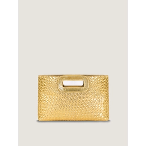 Close-up of golden clutch bag with woven texture and hollow handle design