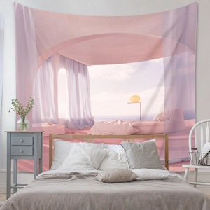 Detail view of large wall tapestry featuring a dreamy pink architectural landscape over a bed
