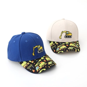 Detail view of contrast color baseball caps with excavator embroidery and printed brim