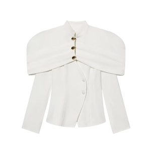 Women Elegant Cape Blazer Jacket Solid Color Slim Fit With Gold Buttons Off Shoulder Lapel Office Wear Coat