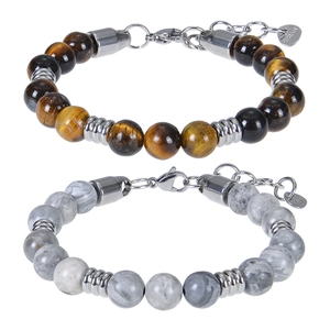 Natural Stone Beaded Bracelet With Stainless Steel Lobster Clasp Adjustable Tiger Eye Map Stone Jewelry For Men Women