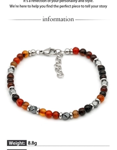 Detailed view of natural stone beaded bracelet with agate, tiger eye and 8.8g weight mark