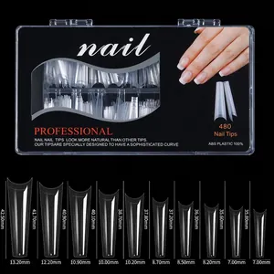 Size chart showing dimensions for long pointed stiletto full cover nail tips