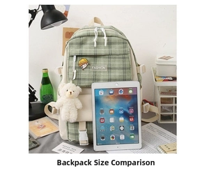 Detailed view of green plaid canvas backpack with plush bear charm and size reference