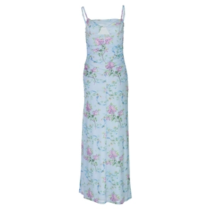 Detail of light blue floral maxi dress with backless slit and delicate lilac print