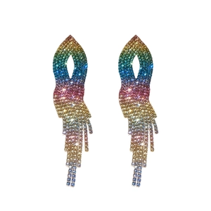 Rainbow gradient tassel earrings with shimmering rhinestones on white background