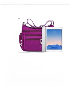 Waterproof purple nylon crossbody bag size 30x20x12cm compared with an iPad