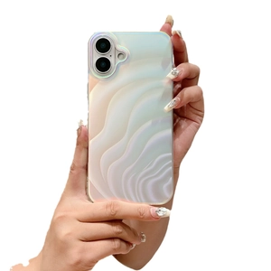 Iridescent white wavy phone case for iPhone 16 Pro Max shown on hand with white background