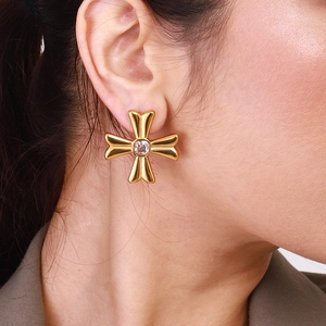 Elegant gold cross earrings with square zircon stone for women, high-quality stainless steel