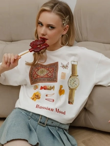 Γυναικείο T-Shirt Με Στάμπα Russian Mood 100% Βαμβάκι Oversized Στρογγυλή Λαιμόκοψη Κοντομάνικο American Retro Streetwear Top