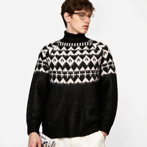 Men's slim-fit turtleneck sweater featuring black and white geometric knit pattern