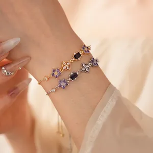 Zircon flower adjustable bracelet in gold and silver finish with purple stones