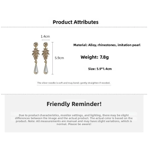 Detailed view of leaf-shaped rhinestone earrings with white teardrop pearls and dimensions