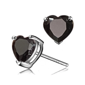 Detailed close-up of heart-shaped black zircon stud earrings with silver three-prong setting