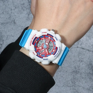 Detail of waterproof digital sports watch with white case and sky blue strap on wrist