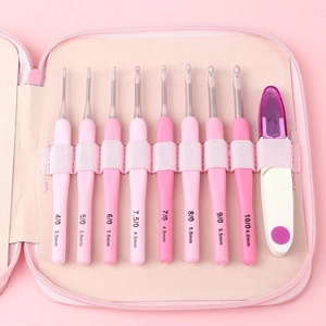Pink crochet set with 8 ergonomic soft handle hooks and scissors in a PU storage case