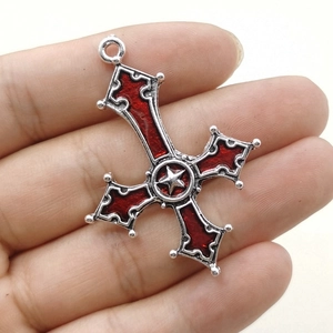 Gothic silver inverted cross pendant with red enamel and pentagram star detail