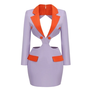 Sexy hollow out v-neck blazer dress with contrast purple and orange color blocking