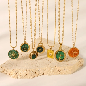 Vintage Enamel Pendant Necklace 18K Gold Plated Stainless Steel Celestial Sun Star Medallion Jewelry For Women