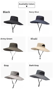 Detail view of outdoor sun hats in six colors with breathable mesh and chin straps