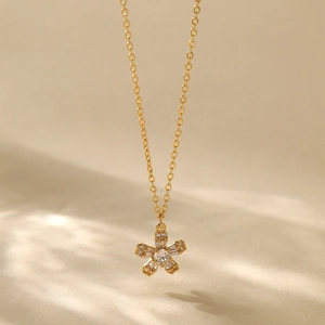 18K gold plated flower pendant necklace with zircon crystals on an elegant O-chain